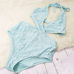 Asos Wolf & Whistle lace plunge swimsuit aqua blue monokini one piece sz 12 NEW